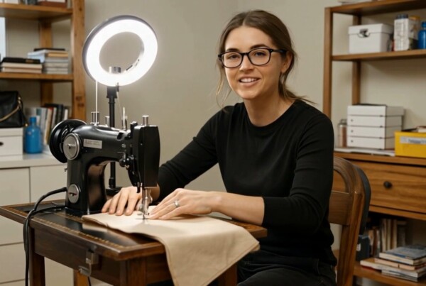 A lady sitting at her sewing desk, starting her new business.