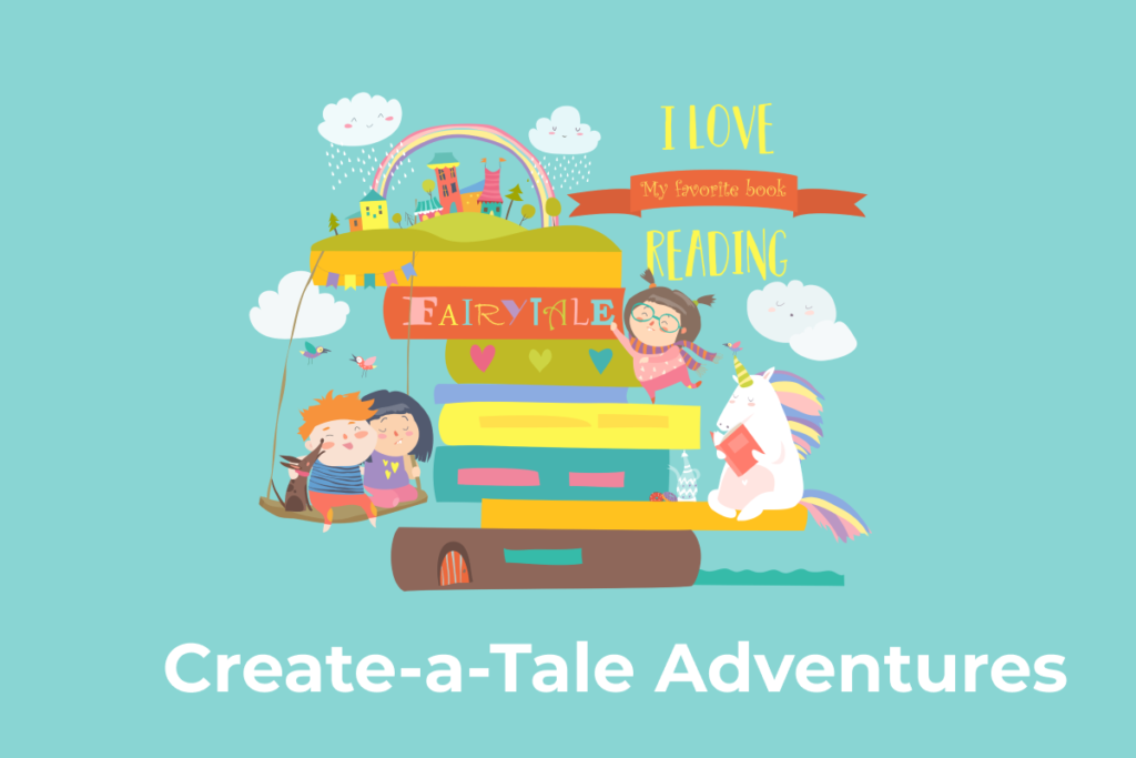 Create a tale adventures a stack of books with imaginary characters hanging from the stack.