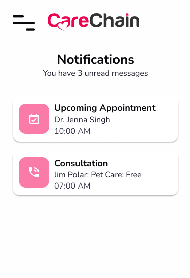Upcoming Notifications page for Carechain