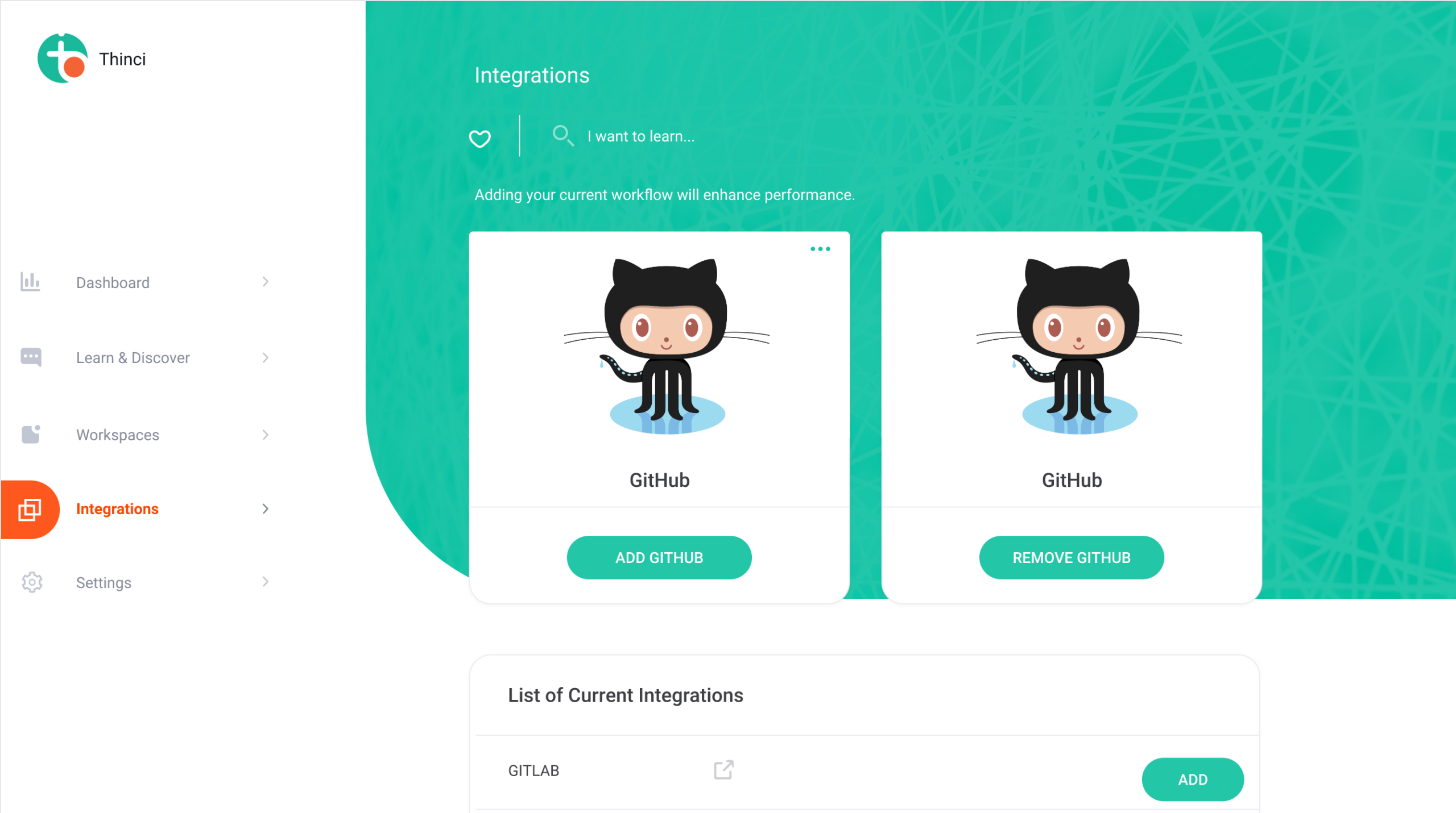 thinci options for integrations for github